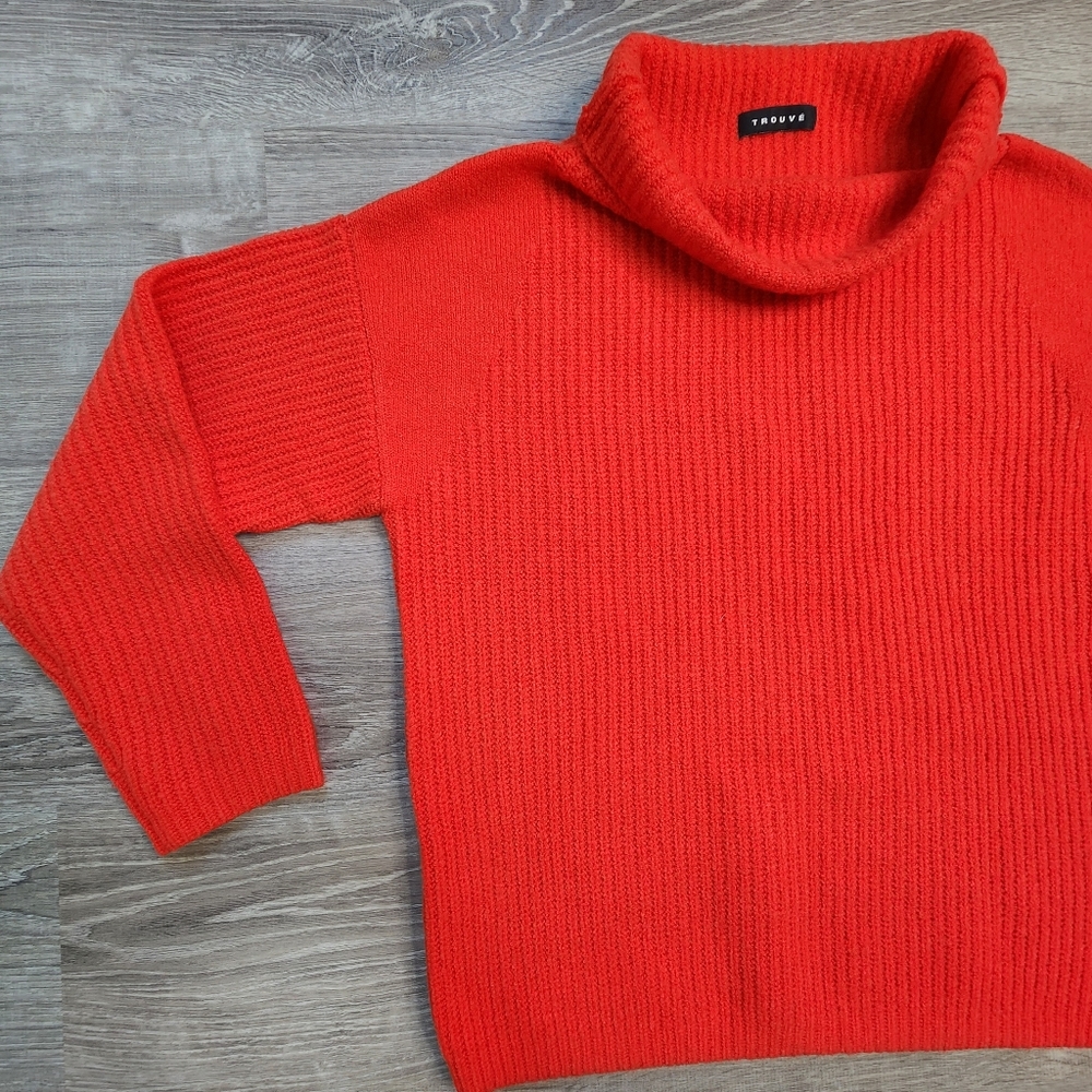 TROUVE Red Rib Funnel Neck Long Sleeve Oversized Sweater Small